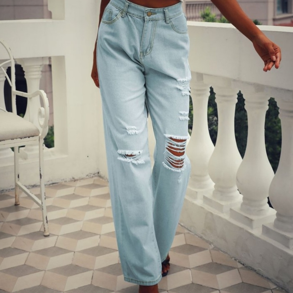 Blue Distressed Wide Leg Jeans